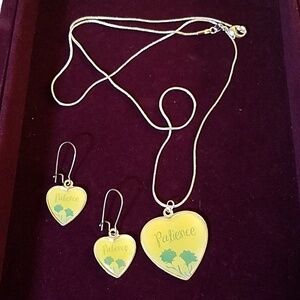 Bible Religion Virtue Patience Heart Earrings & Necklace 24" Set